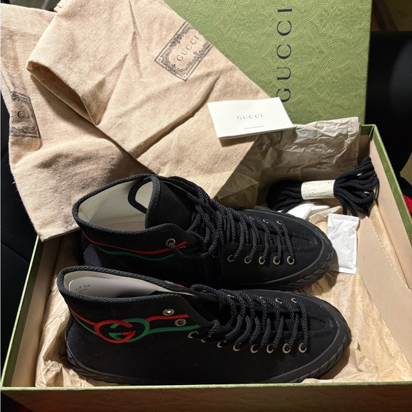 Gucci Black / Red & Green Interlocking G High-Top Sneakers Full Inclusion NEW - Picture 3 of 4
